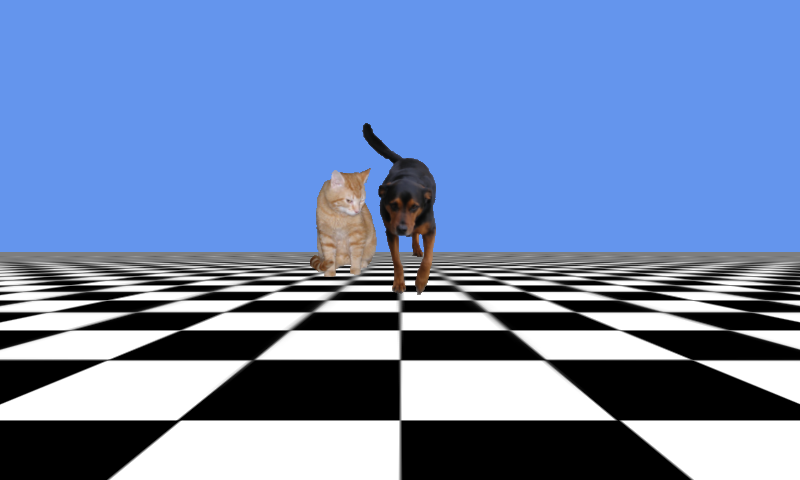 An orange cat and a black dog above a checkerboard ground under a blue sky.