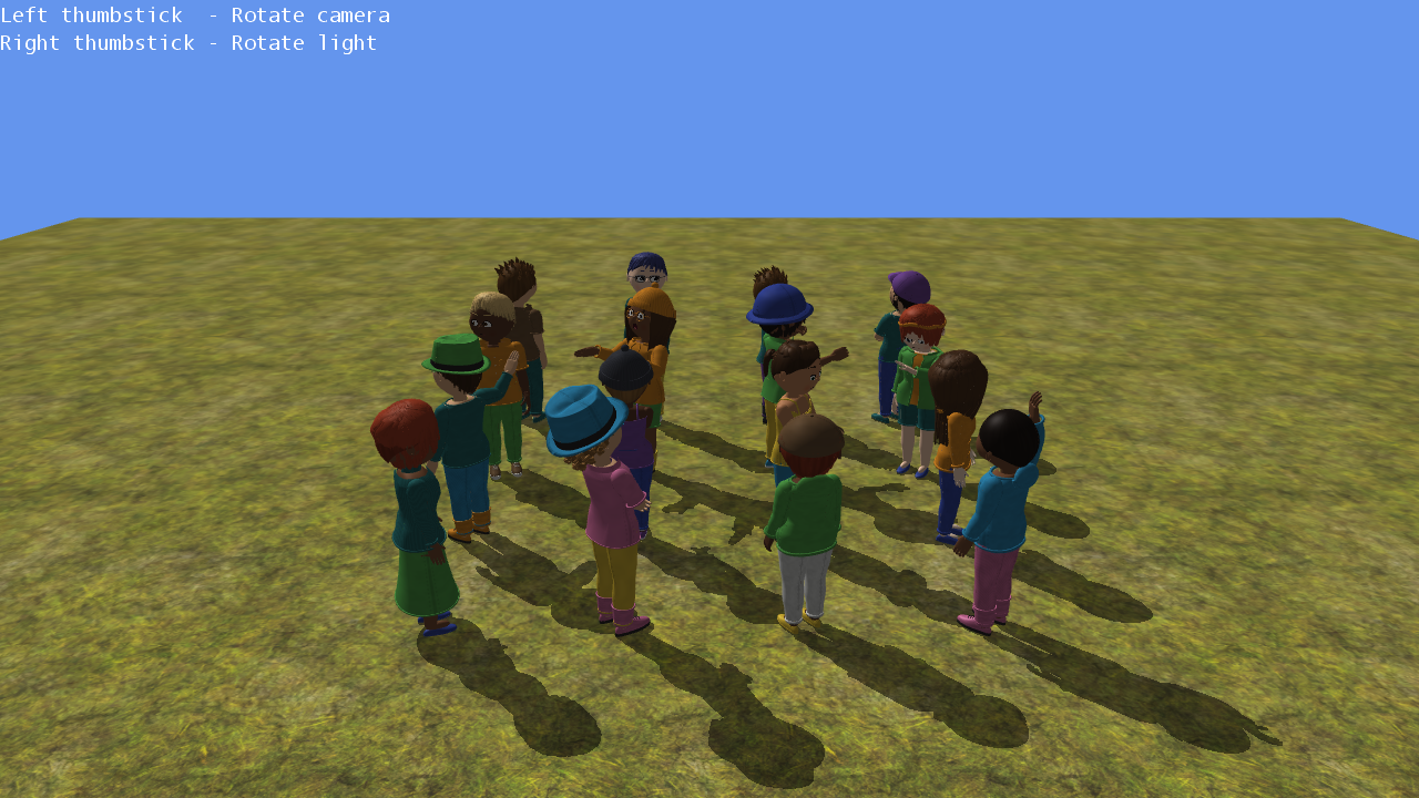 Sixteen animated CNA avatars casting long planar shadows onto textured ground.