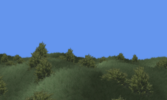 Grass and trees scattered across a sunlit landscape below a blue sky.