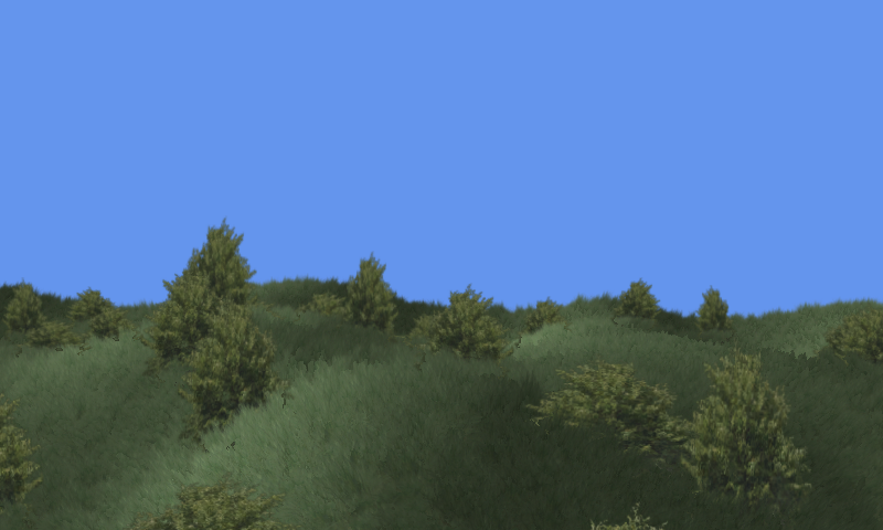 Wind-swayed grass and trees on a sunlit landscape beneath a blue sky.