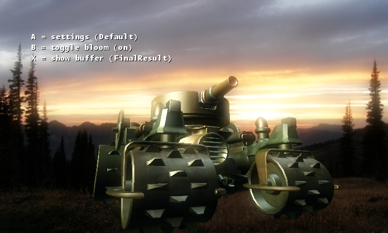 A rotating tank glowing against a sunset landscape with bloom controls at the top left.