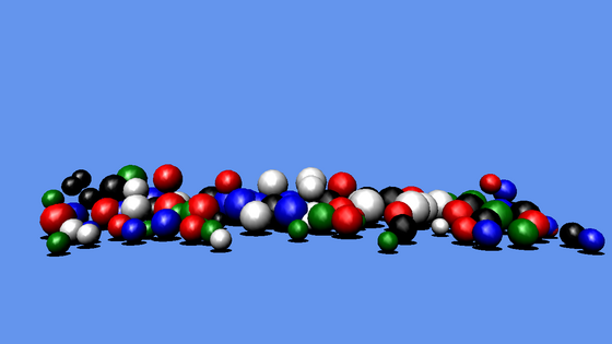 One hundred red, green, blue, white and black spheres bouncing above their shadows.