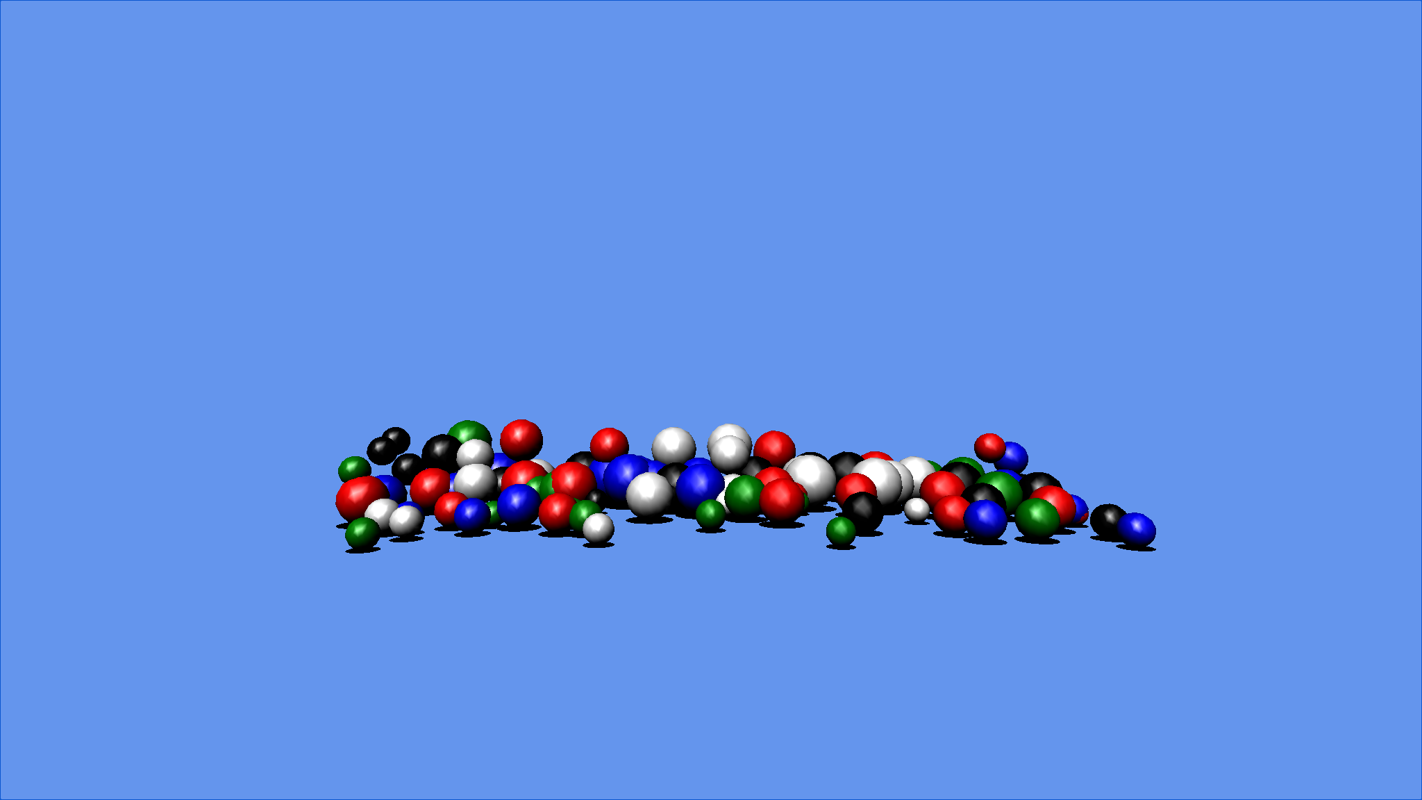 A hundred coloured spheres casting flattened shadows on a cornflower-blue background.