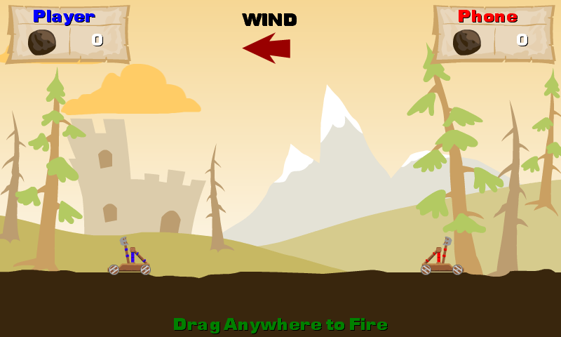 Live Catapult Wars gameplay with blue and red catapults, mountains, trees, score panels and wind indicator.