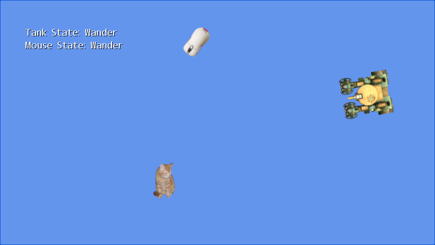 A cat, a mouse and a tank on a blue field, with the tank and mouse AI states shown at the top left.