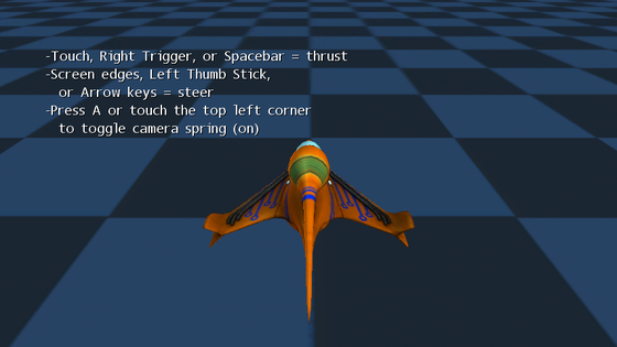 An orange spaceship above a blue checkerboard ground, viewed from behind with control text at left.