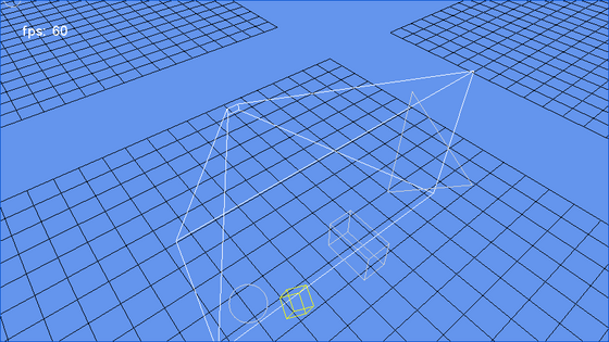 A white wireframe viewing frustum and moving collision shapes above a black grid.