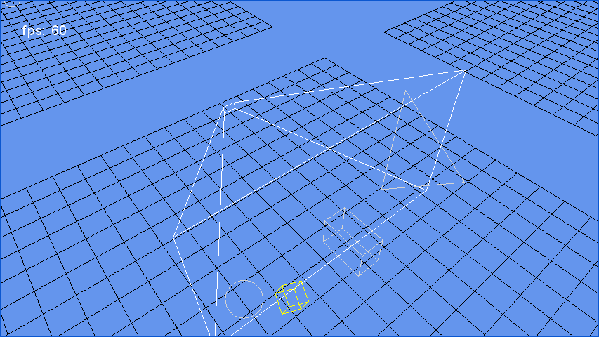 A white wireframe viewing frustum with animated boxes, sphere and triangle above a black grid.