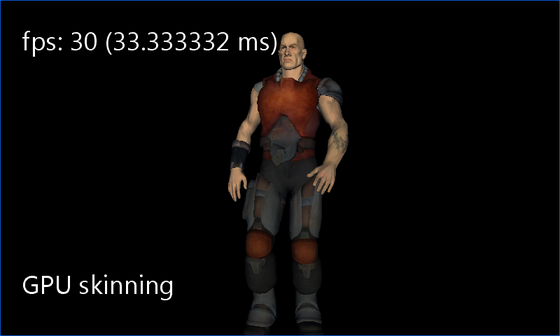 An animated armored character on black with a GPU skinning label.