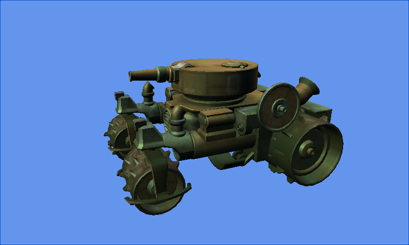 A textured green and bronze tank against a blue background.