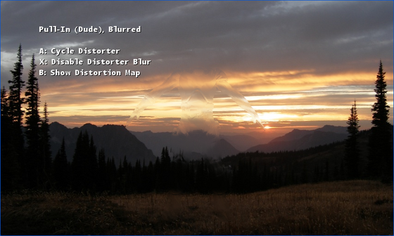 A translucent figure bending the sunset landscape behind it, with distortion controls at the top left.
