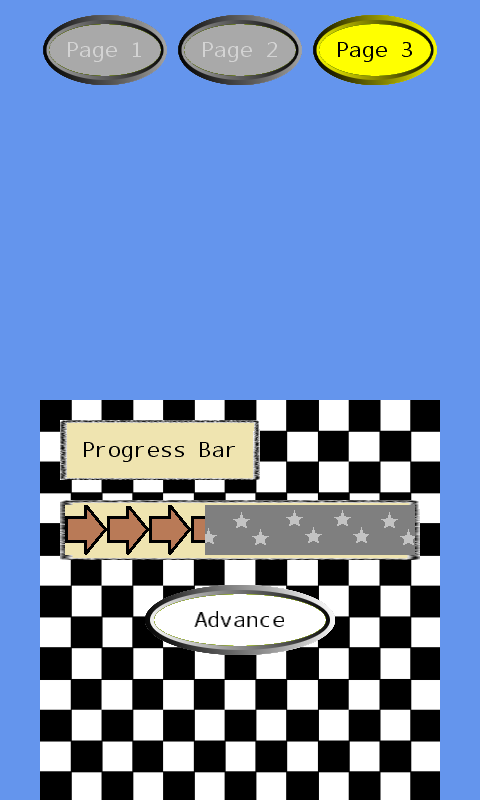 Page 3 showing the XML-loaded controls, checkerboard and progress bar at 40 percent.