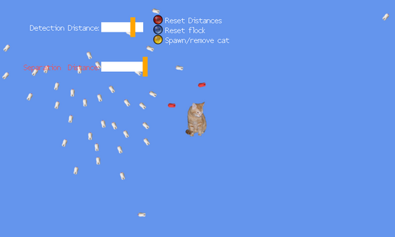 Small birds flock around a cat beneath two distance sliders on a blue field.