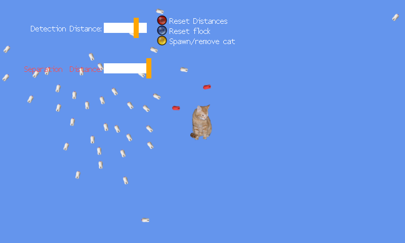 A flock of small birds scatters around a cat on a blue field, with two distance sliders above.