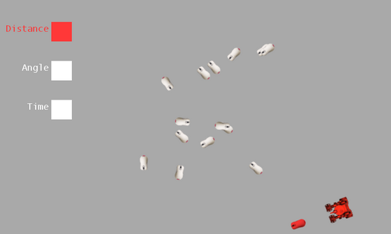 A red tank chasing white mice below three colored weight bars.
