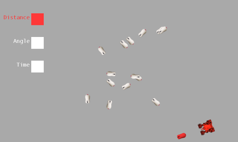 A red tank chasing white mice beneath Distance, Angle and Time weight bars.