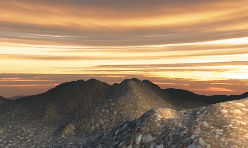 A rocky generated terrain beneath a cylindrical sunset skydome.