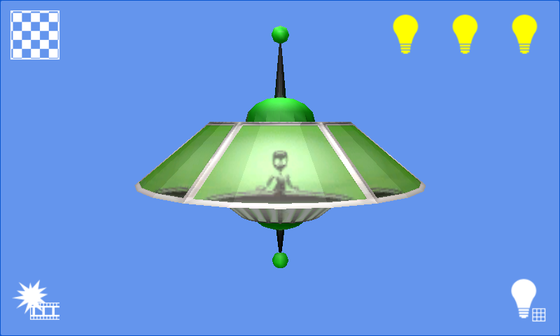 A green and white spaceship with touch controls against a blue background.