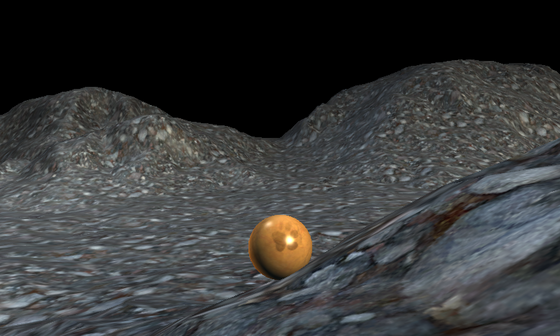 A golden sphere on a rocky heightmap beneath a dark sky.