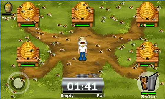 Honeycomb Rush gameplay with a beekeeper, five hives and flying bees.