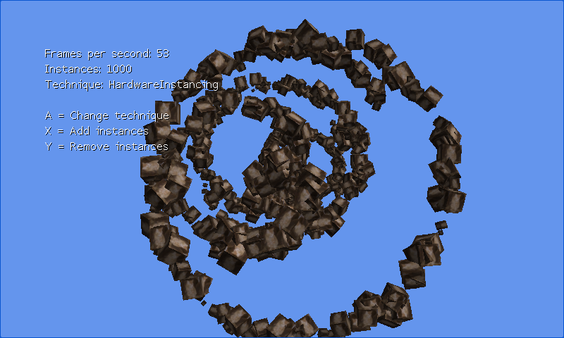 A thousand textured models spinning through nested spirals against a blue background.