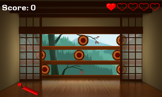 NinjAcademy gameplay with wooden targets and a thrown shuriken in the dojo.