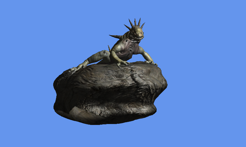 A lizard lit by a moving light on a textured rock against a blue background.