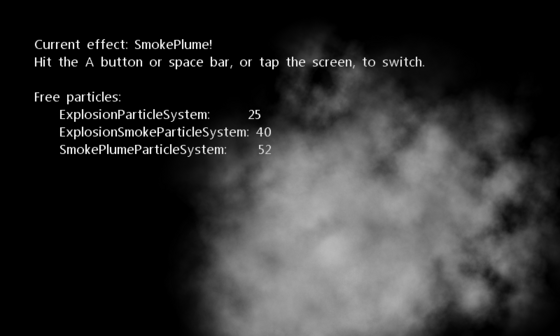 A white smoke plume rising across a black background beneath the particle-system status text.