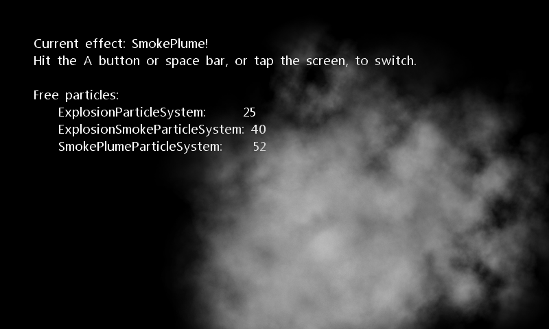 A white smoke plume rises on a black background beneath particle-system status text.