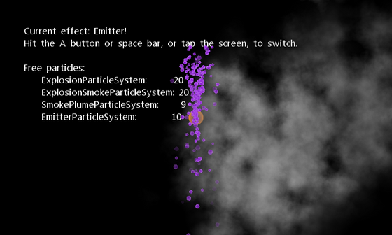 Purple particles streaming from a moving emitter beside a smoke plume.