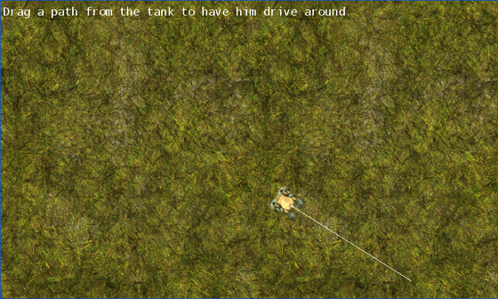A tank follows a white path over textured grass.