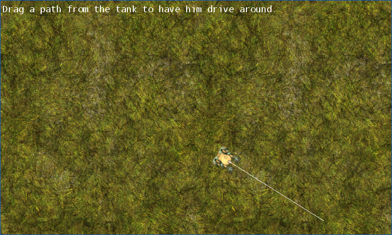 A tank follows a white path drawn across textured grass.