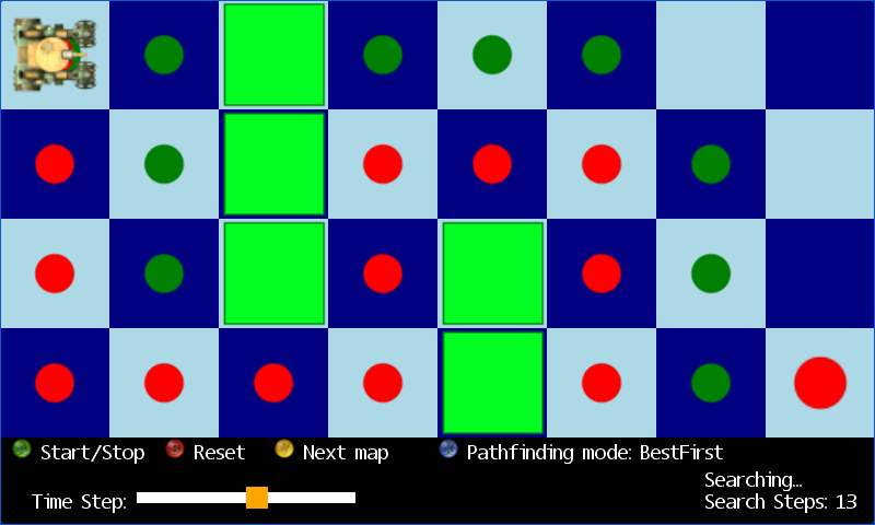 A tank searches a checkerboard map, with green candidate nodes, red visited nodes and a pathfinding status display.