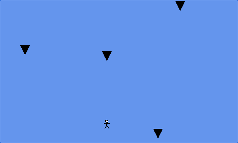The stick-figure player waits beneath falling black blocks on a blue background.