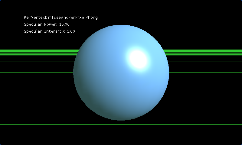 A shaded sphere over a green reference grid, with the lighting technique and specular settings at upper left.