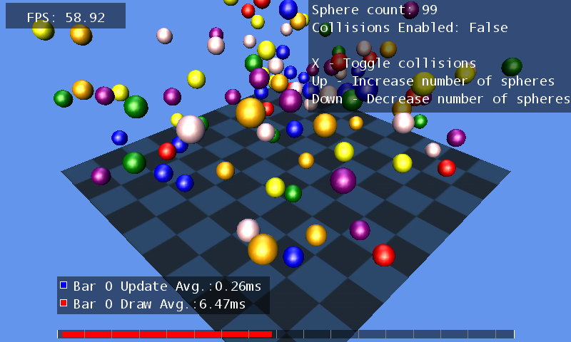 The running game after adding spheres and disabling collisions, with FPS and time ruler visible.