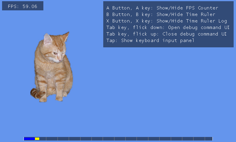 The running utility shows a cat, keyboard instructions, FPS and a timing ruler on a blue screen.