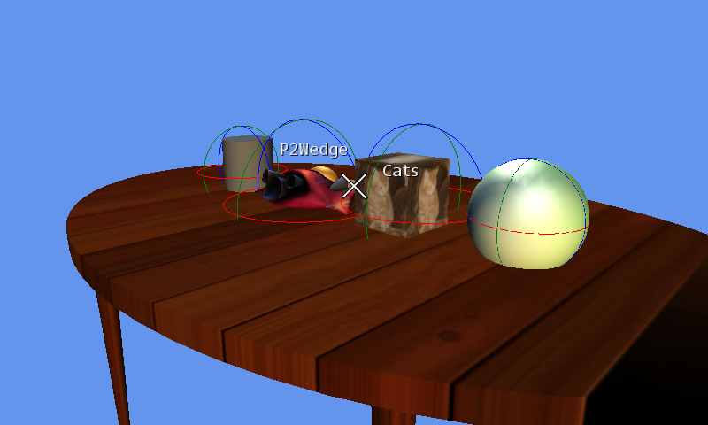 Four lit models on a wooden table, colored bounding spheres and the names P2Wedge and Cats above the pointed models.