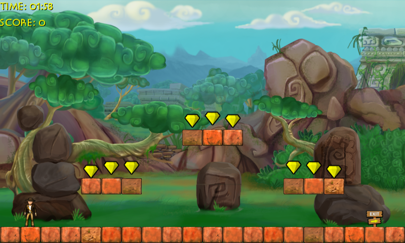 A platform hero beneath floating gems in a lush jungle level.