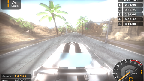 A racing car on the palm-lined Advanced track with the lap timer and speedometer.