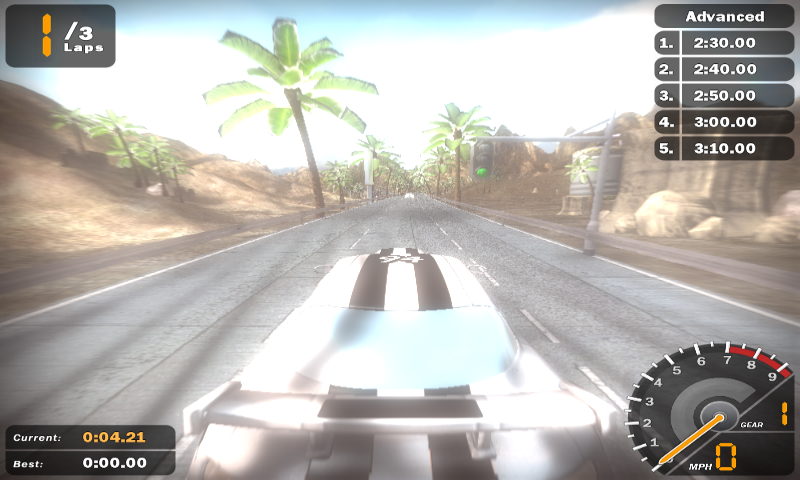 The running Racing Game on the Advanced track, viewed behind the car with the lap timer and speedometer visible.