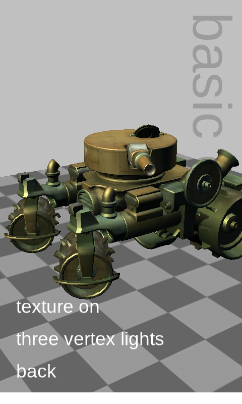 The sample's BasicEffect scene showing an animated tank on a tiled floor.