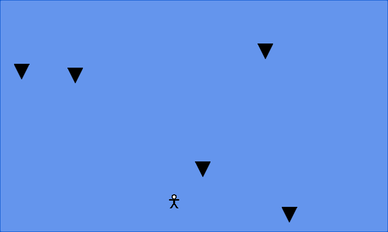 A stick-figure player waits beneath falling black blocks on a blue background.