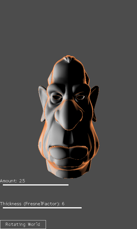A 3D head with a warm orange rim light, two sliders and a rotation-mode button.