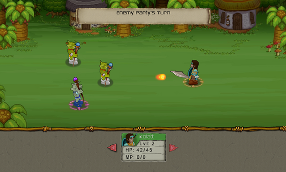 Role Playing Game combat with a hero facing three goblins in a forest arena.