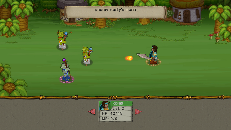 A turn-based battle: Kolatt faces three goblins in a forest arena.