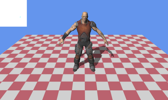 An armored character casting a shadow across a red-and-white checkerboard floor.