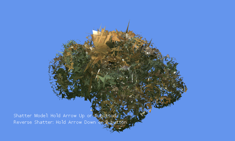 A textured tank breaking into thousands of small rotating triangles above two lines of controls.