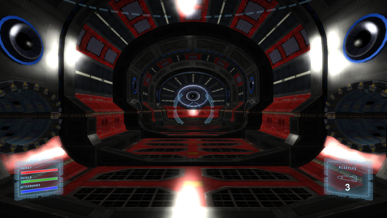 Live Ship Game gameplay in the second arena, with a crosshair, energy, shield and missile display.