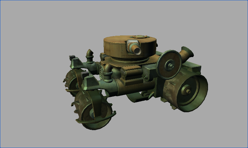 A textured green and bronze tank with large wheels, a turret and a cannon against a gray background.